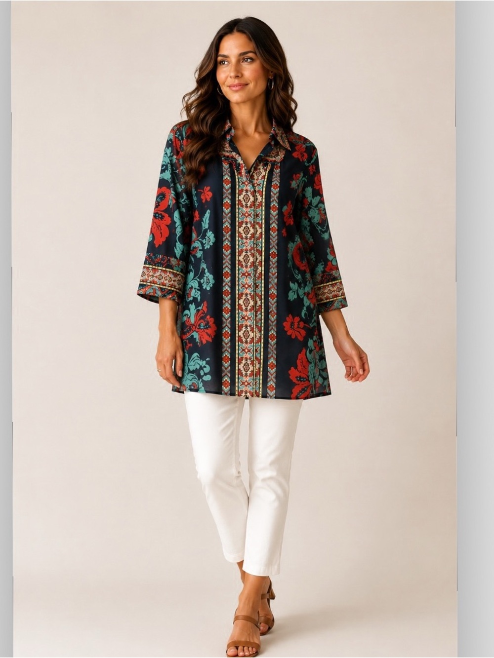 Soft Surroundings Floral Chiffon Tunic NEW Plus Size 2X Layered 3/4 Sleeves